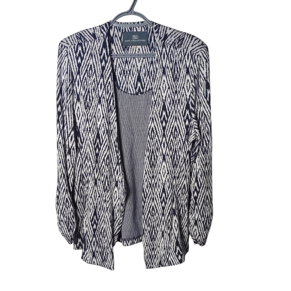 Tart Collections Anahi Knit Blazer Navy‎ White Geometric Print Sz Large Modal